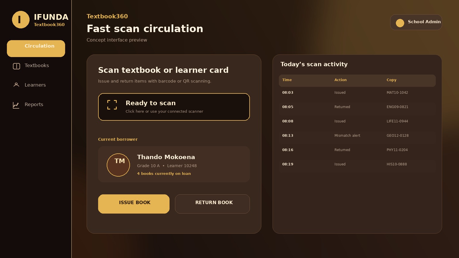 Scan Circulation
A focused issue-and-return workspace designed for fast barcode and QR workflows.