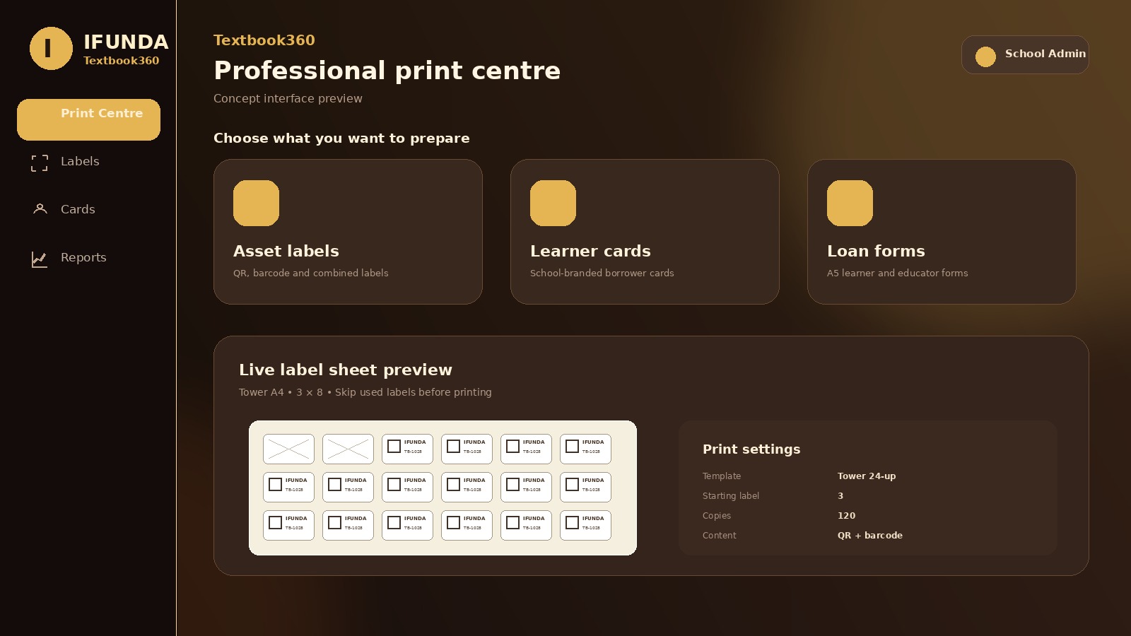 Professional Print Centre
Create labels, borrower cards, loan forms and school-ready reports from one coordinated workspace.